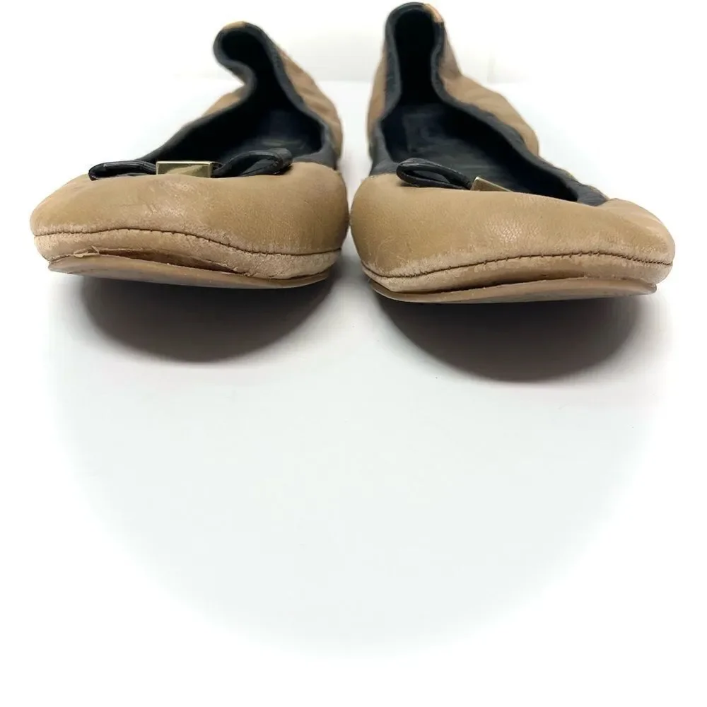 Tory Burch Eddie Logo Bow Two-Tone Ballerina Flat Clay Beige Size 8
